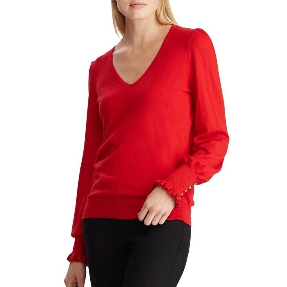 Lauren Ralph Lauren Button Cuff Sweater Women’s Size XL Red V-Neck